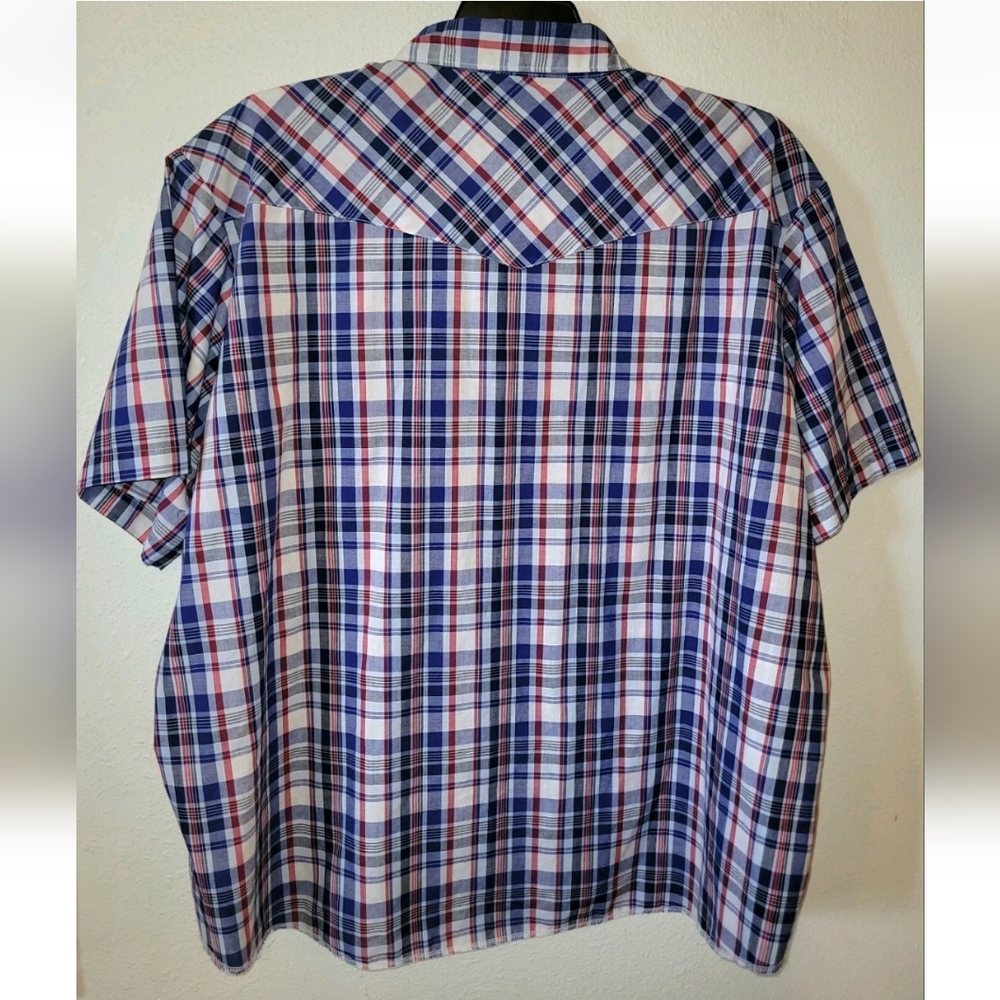 Wrangler Western Shirt Mens Size 3X Pearl Snaps Blue Red Plaid Short Sleeves 3XL - Picture 3 of 6